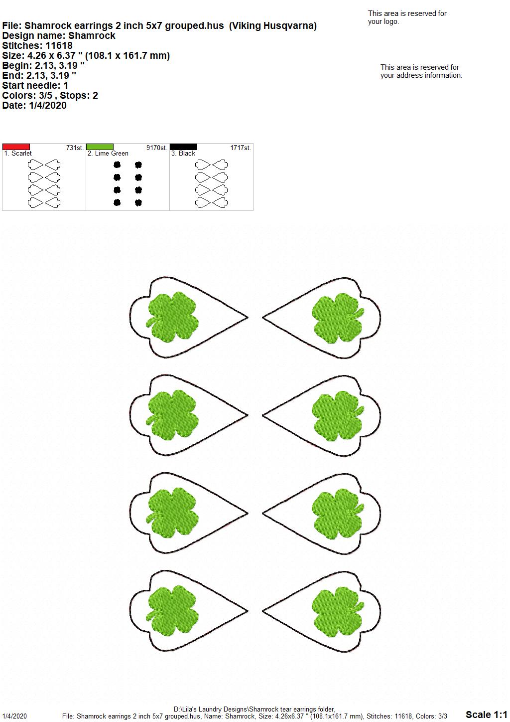 Shamrock Tear Drop Earrings - 3 sizes - Digital Embroidery Design