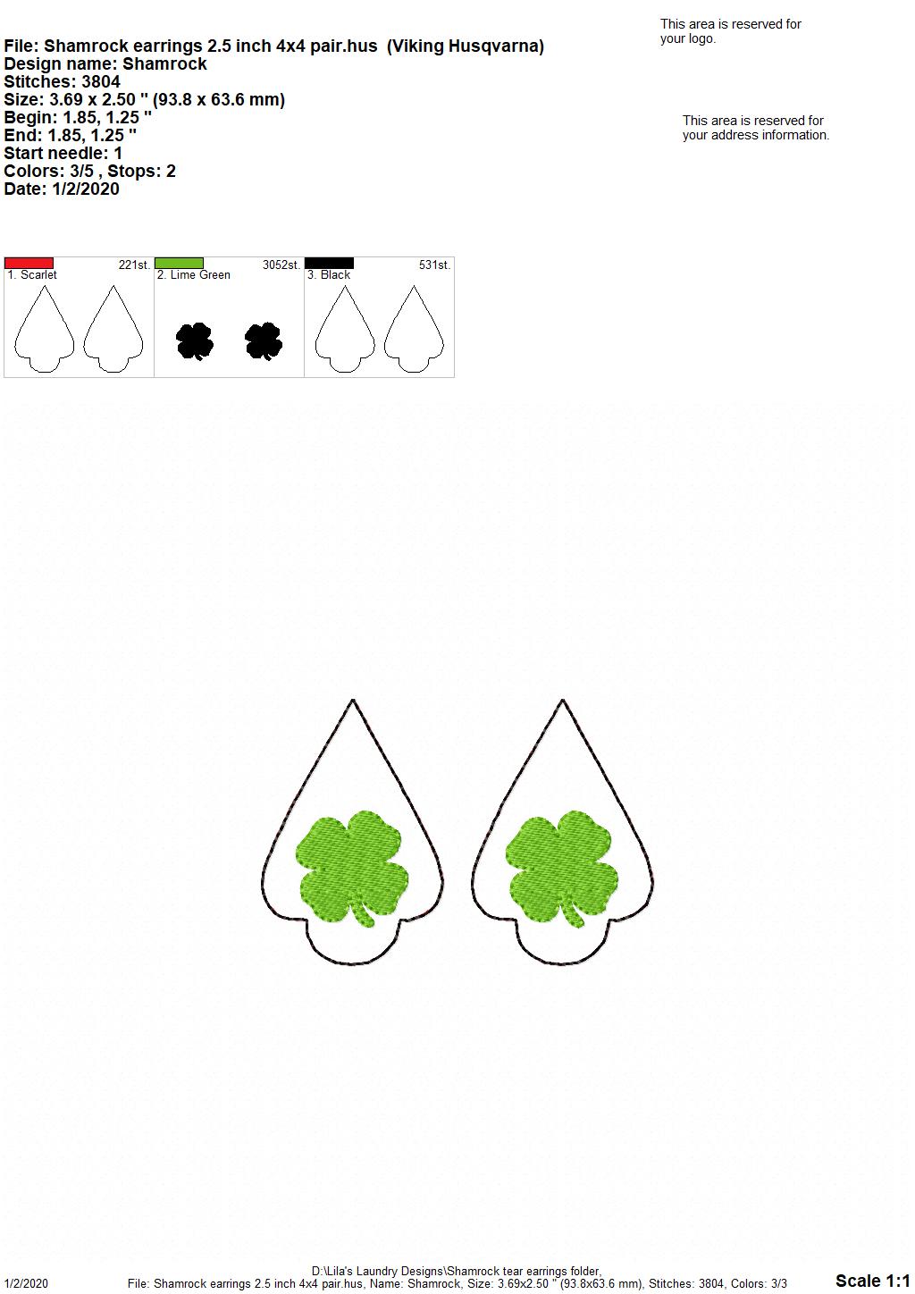 Shamrock Tear Drop Earrings - 3 sizes - Digital Embroidery Design