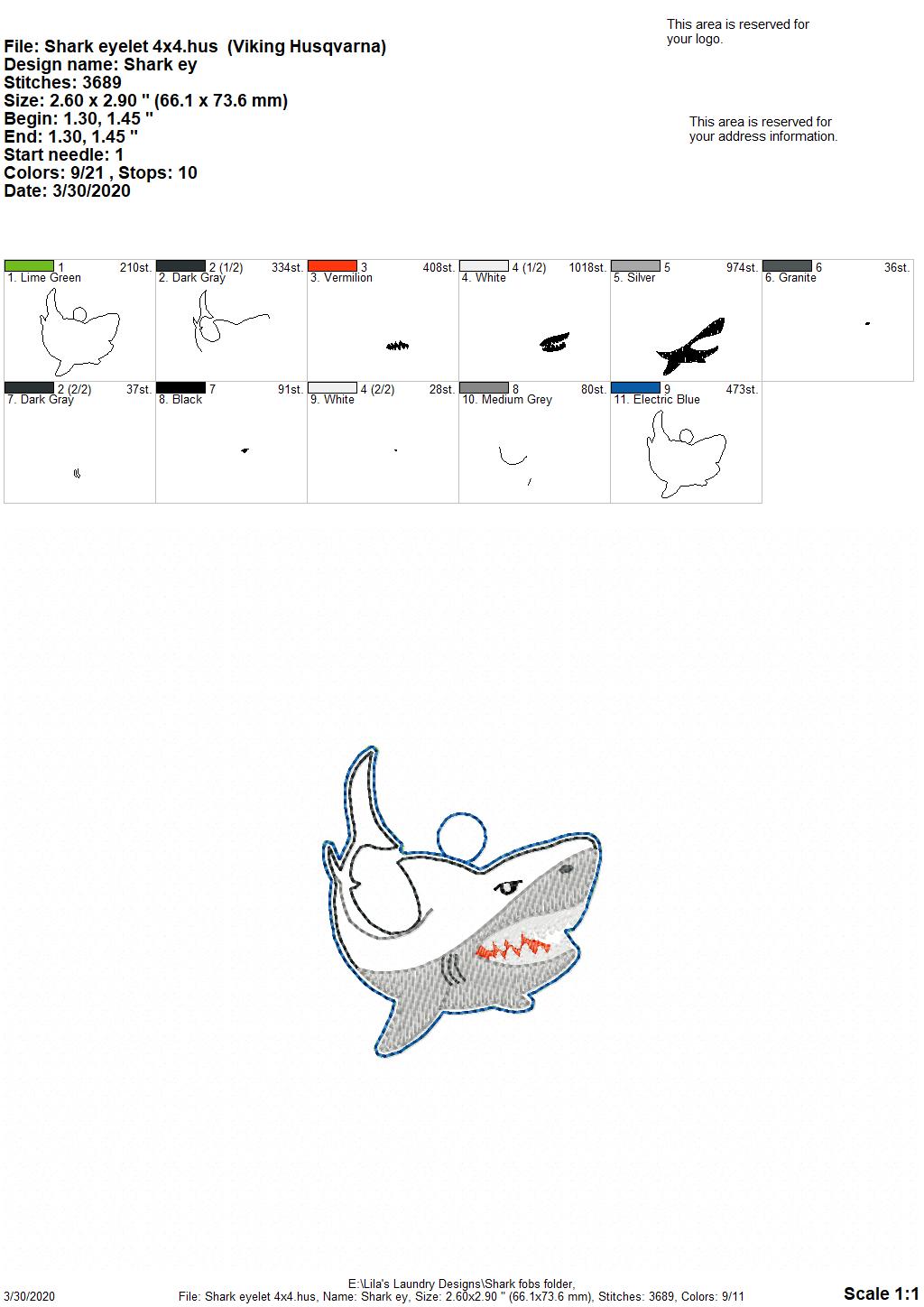 Shark Tab and eyelet Fobs - DIGITAL Embroidery DESIGN