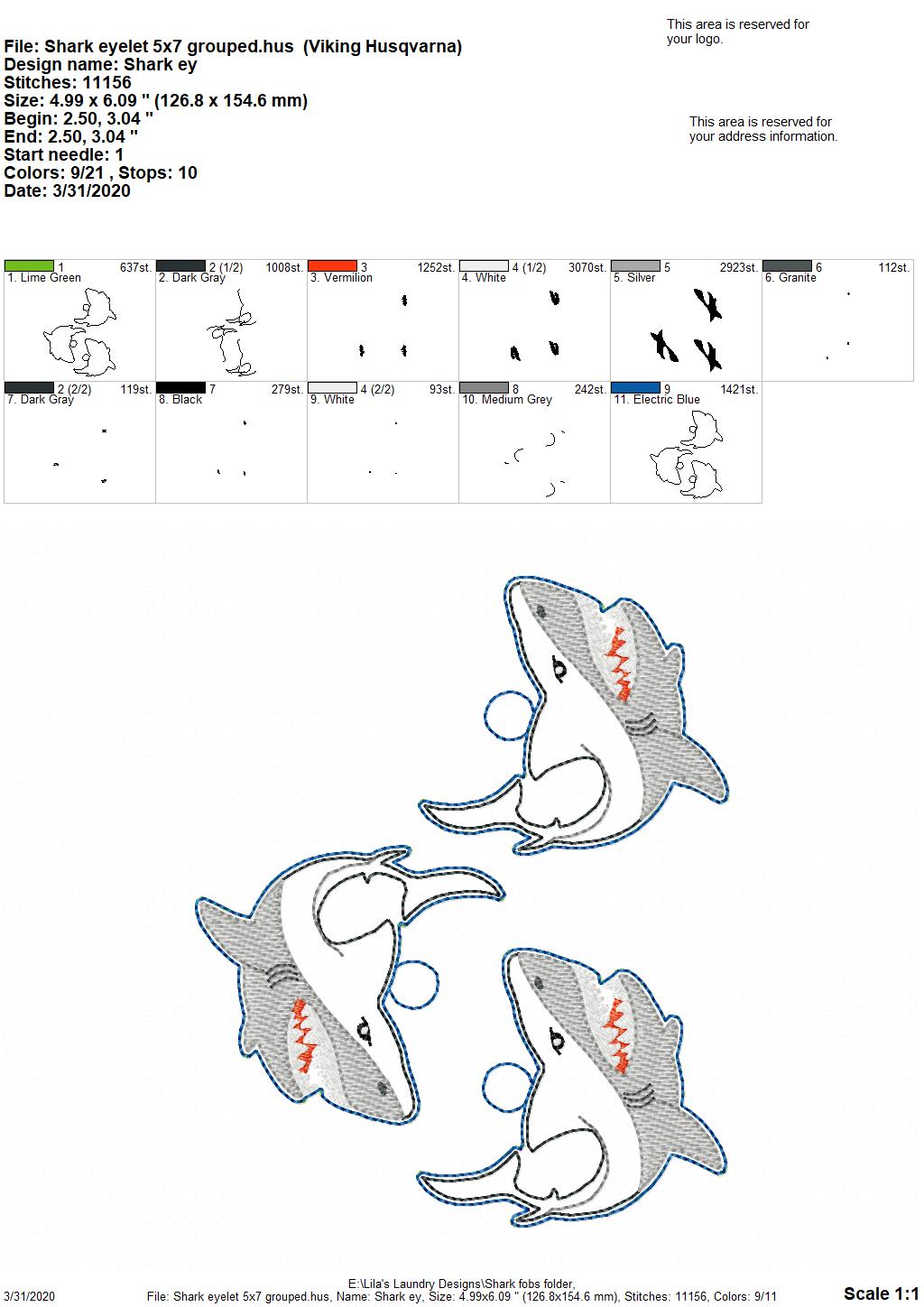 Shark Tab and eyelet Fobs - DIGITAL Embroidery DESIGN
