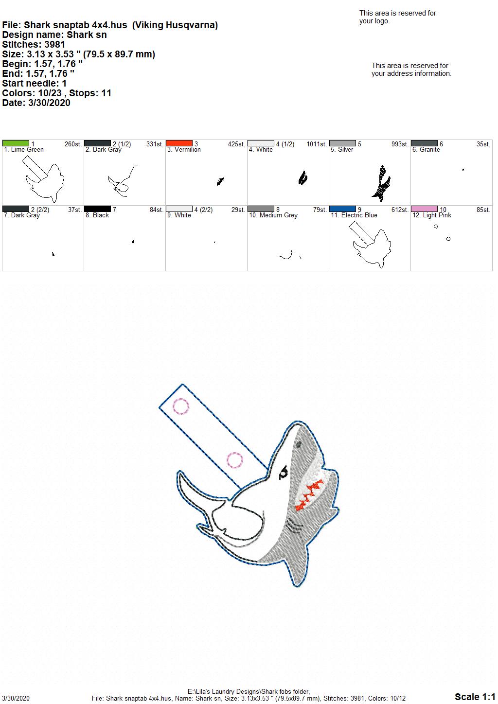 Shark Tab and eyelet Fobs - DIGITAL Embroidery DESIGN