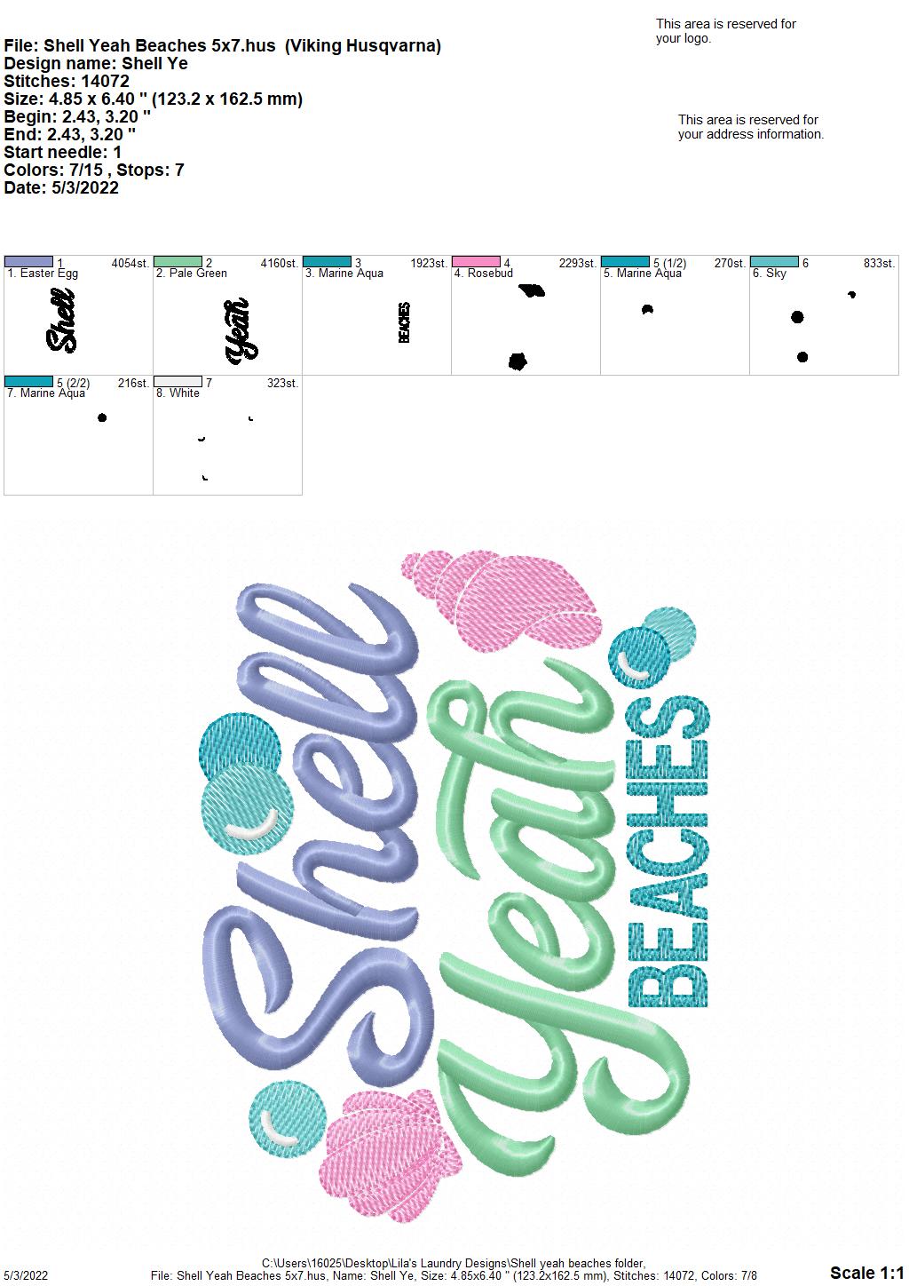 Shell Yeah Beaches - 2 sizes- Digital Embroidery Design