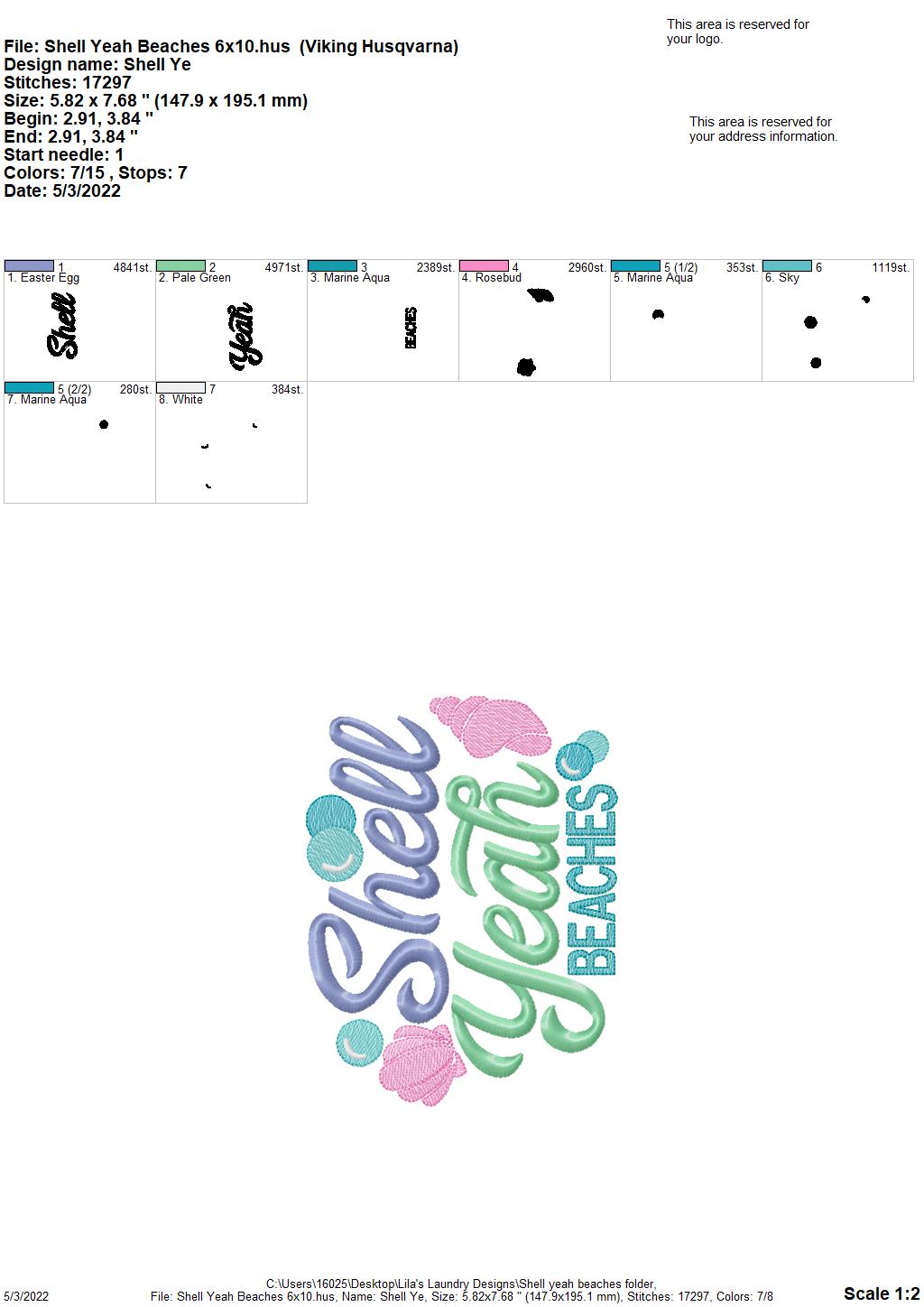 Shell Yeah Beaches - 2 sizes- Digital Embroidery Design
