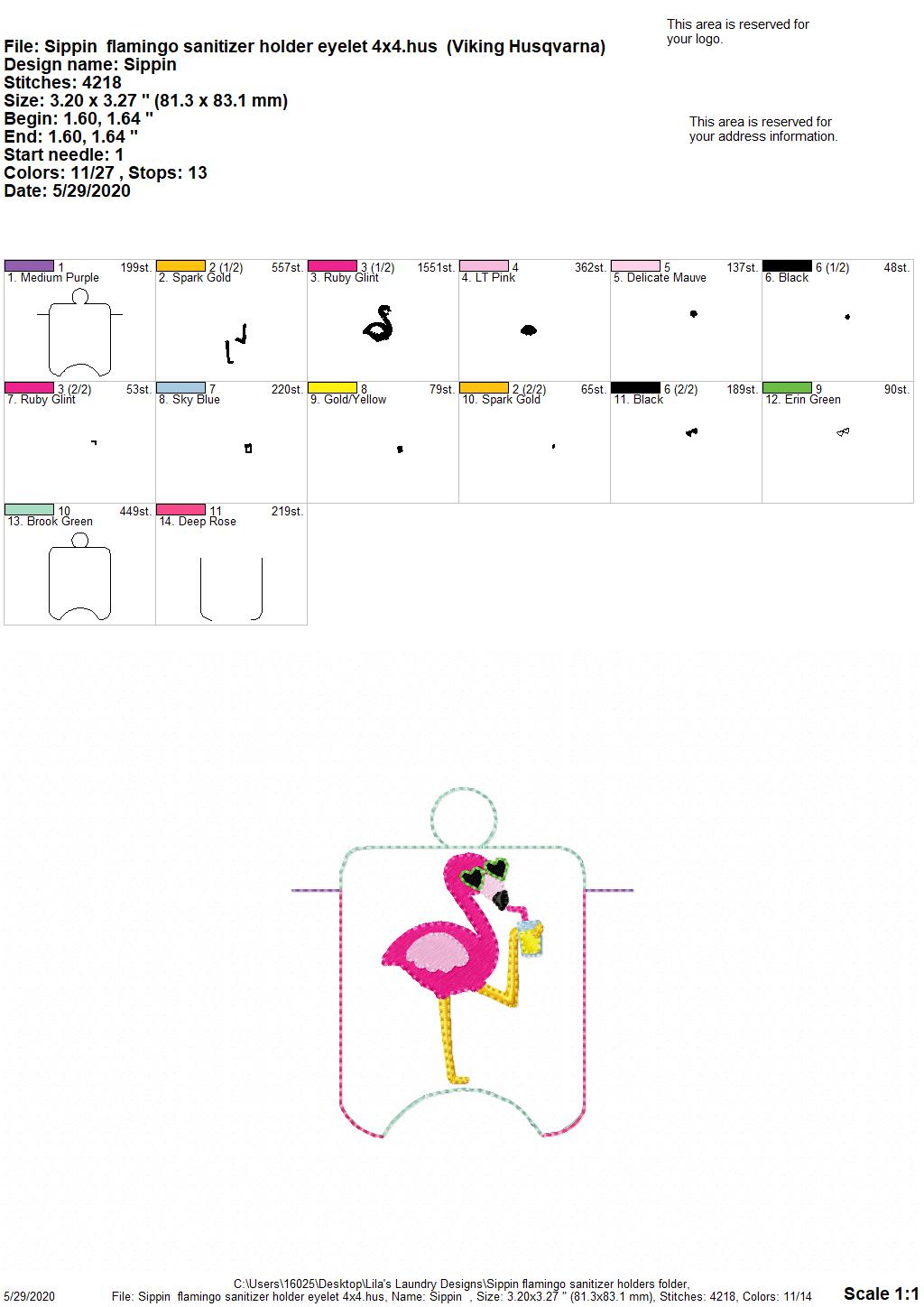 Sippin' Flamingo Sanitizer Holders - DIGITAL Embroidery DESIGN
