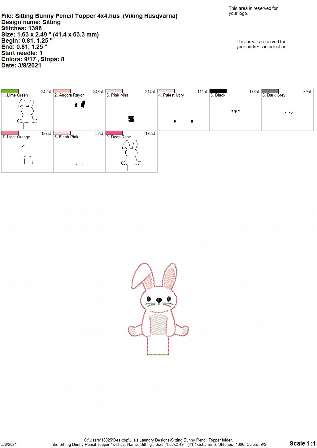 Sitting Bunny Pencil Toppers 4x4 and 5x7 included- DIGITAL Embroidery DESIGN