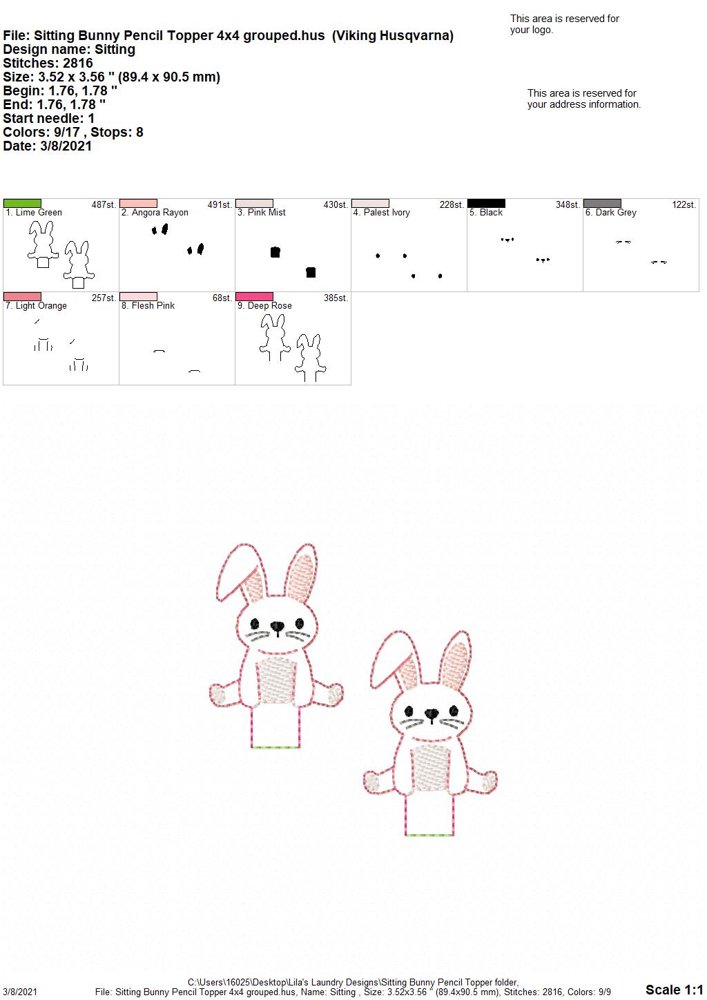 Sitting Bunny Pencil Toppers 4x4 and 5x7 included- DIGITAL Embroidery DESIGN