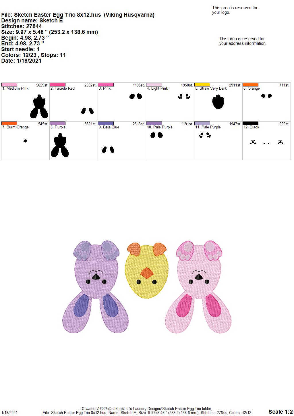Sketch Easter Egg Trio - 3 sizes- Digital Embroidery Design