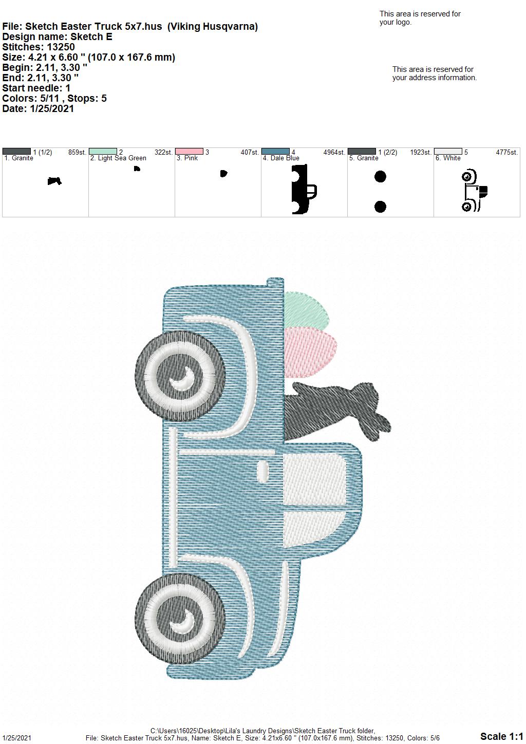 Sketch Easter Truck - 2 sizes- Digital Embroidery Design