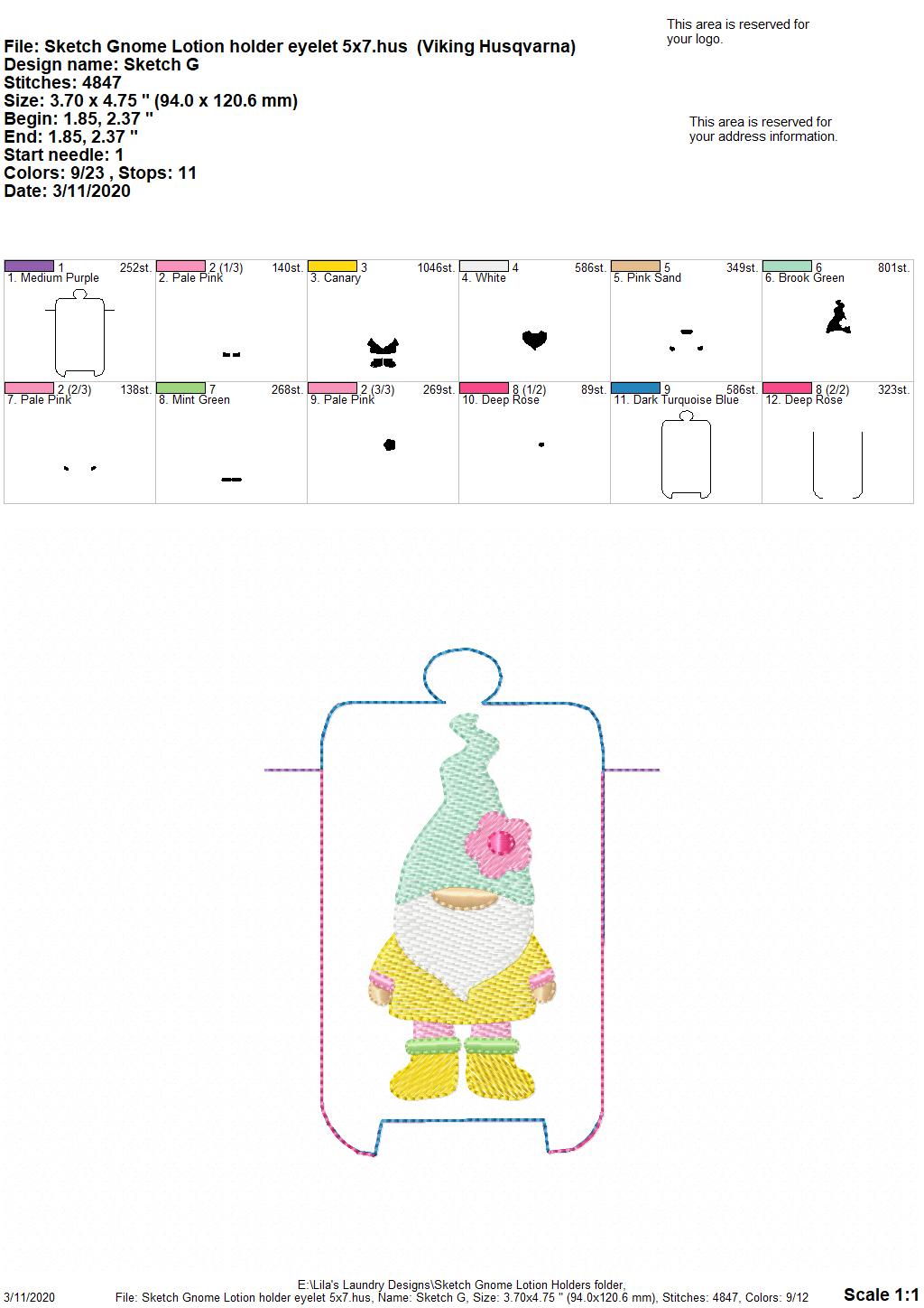 Sketch Gnome Lotion Holders 5x7 included- DIGITAL Embroidery DESIGN