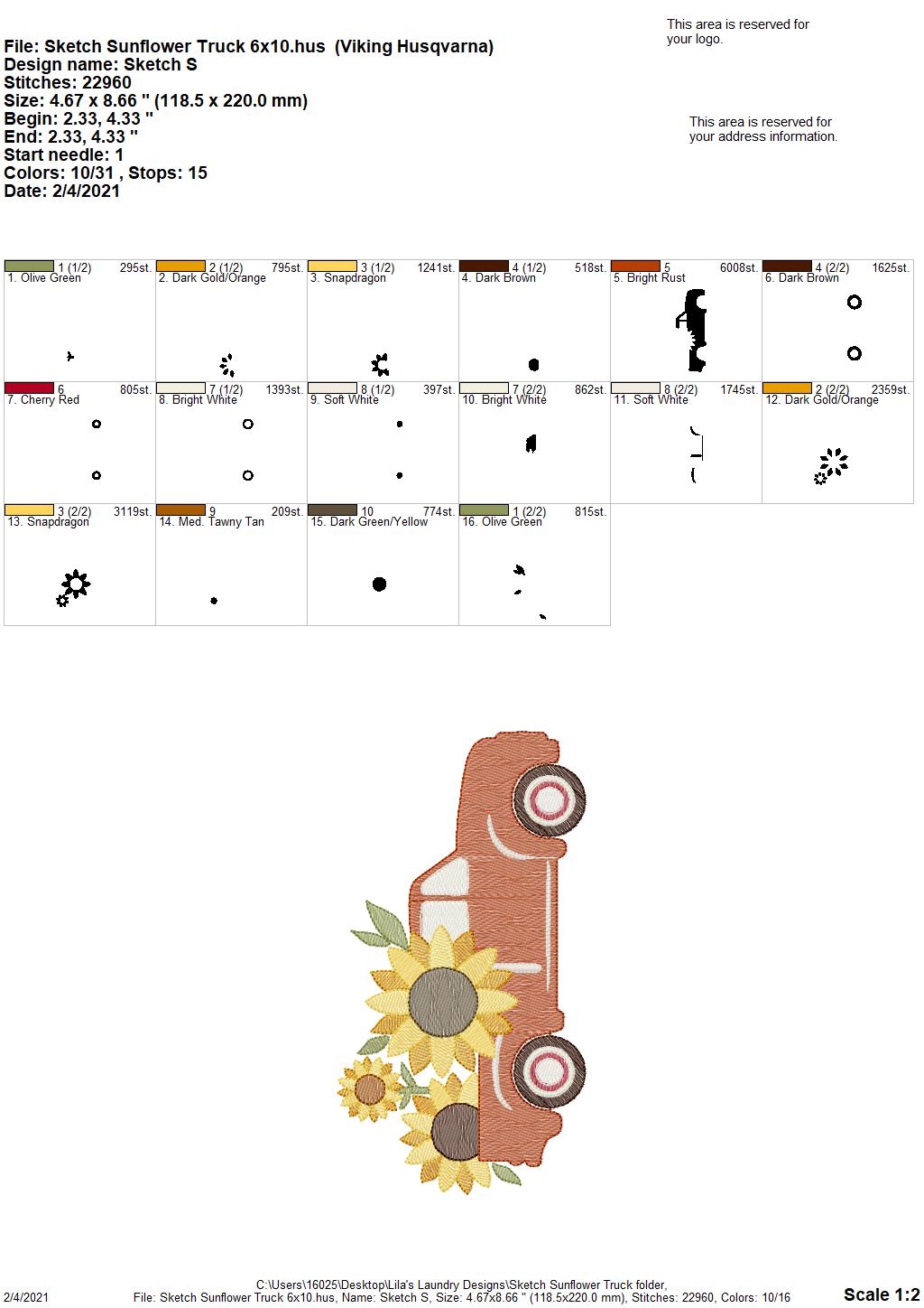 Sketch Sunflower Truck - 3 sizes- Digital Embroidery Design