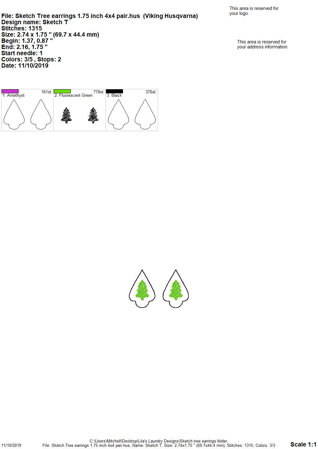 Sketch Tree Ornament Earrings - 2 Styles - 3 sizes - Digital Embroidery Design