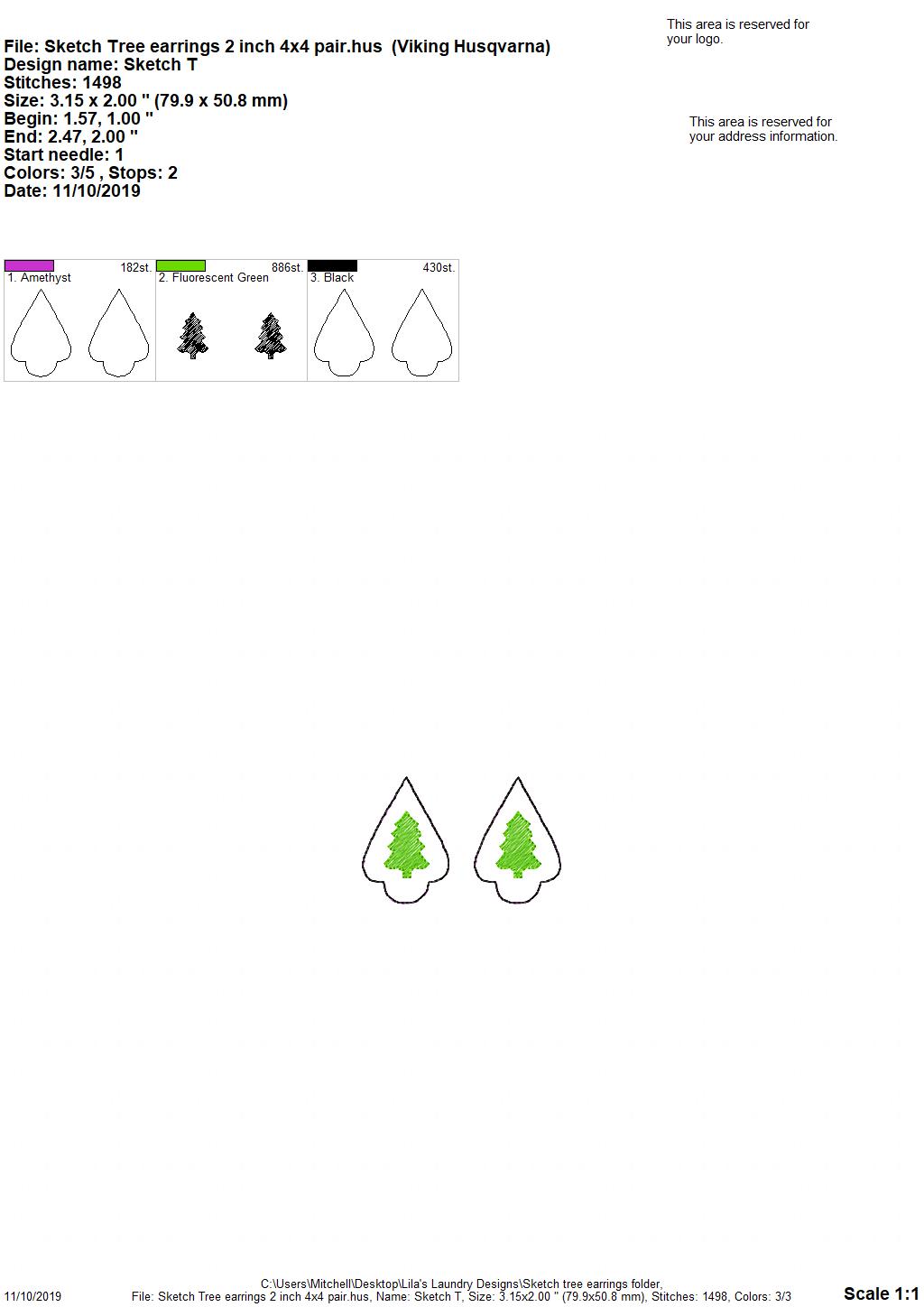 Sketch Tree Ornament Earrings - 2 Styles - 3 sizes - Digital Embroidery Design
