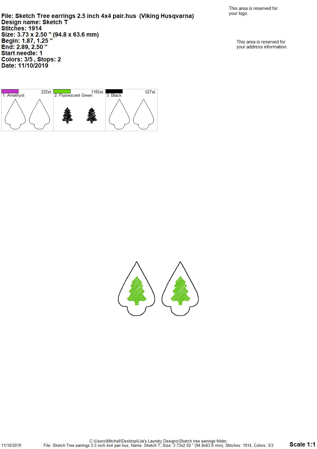 Sketch Tree Ornament Earrings - 2 Styles - 3 sizes - Digital Embroidery Design