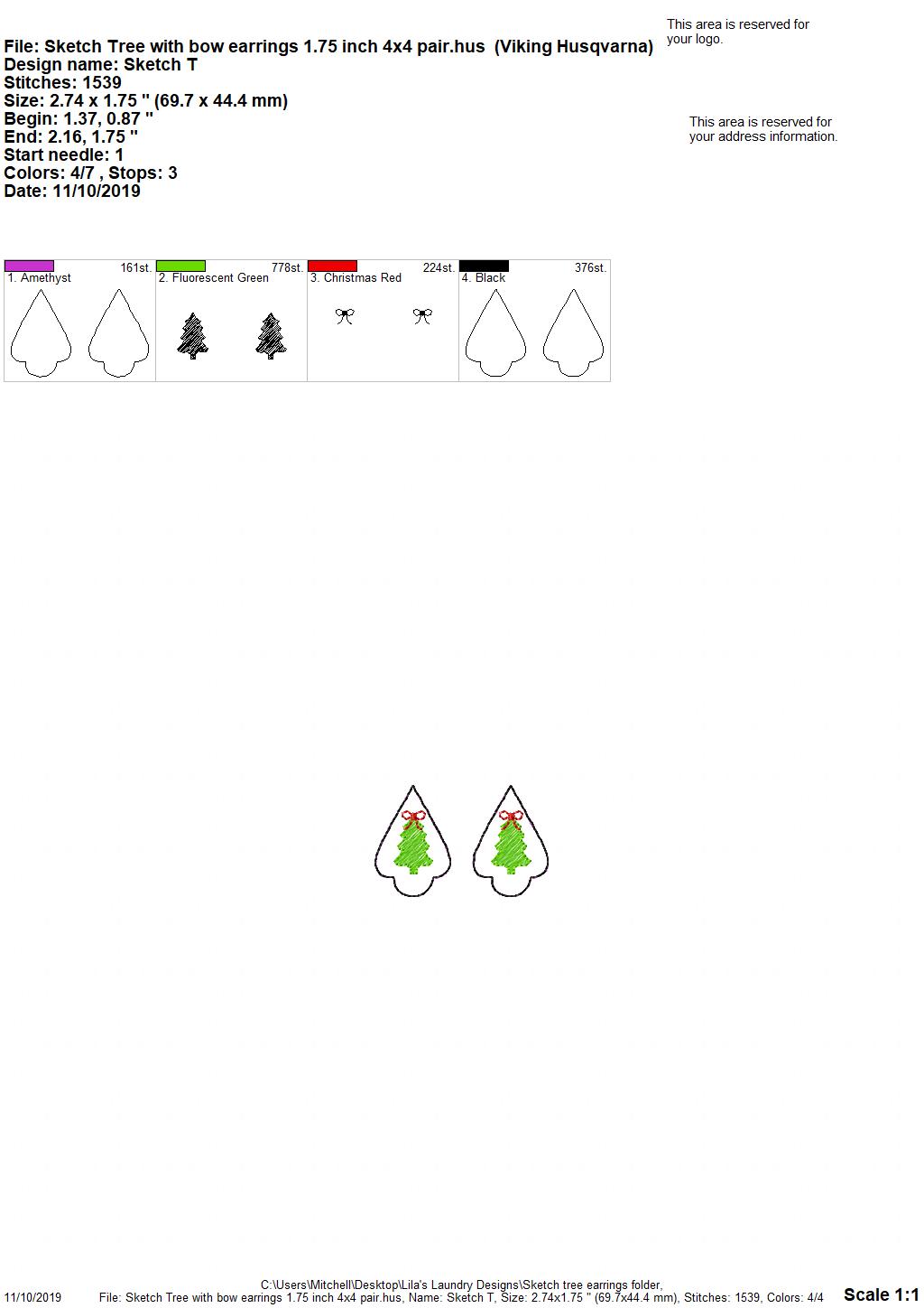 Sketch Tree Ornament Earrings - 2 Styles - 3 sizes - Digital Embroidery Design