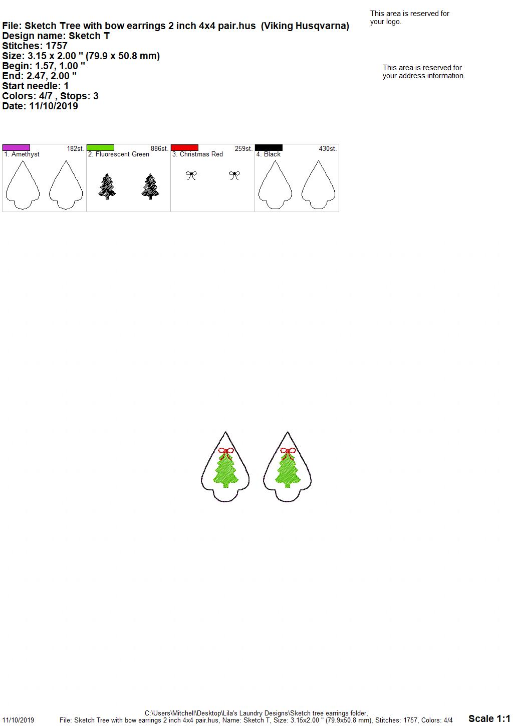 Sketch Tree Ornament Earrings - 2 Styles - 3 sizes - Digital Embroidery Design