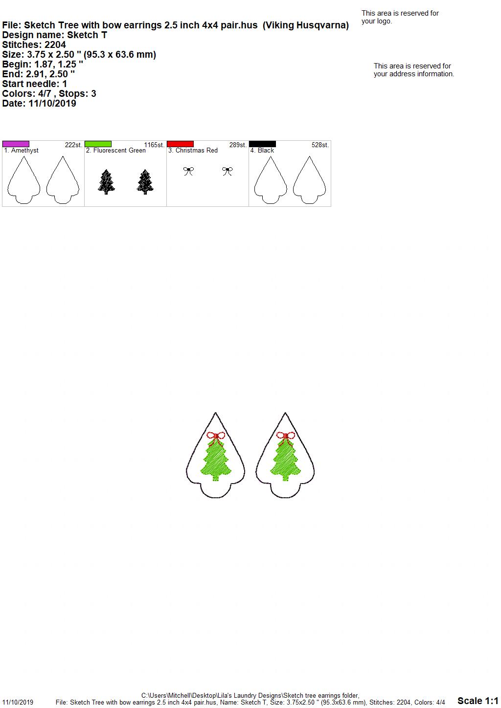 Sketch Tree Ornament Earrings - 2 Styles - 3 sizes - Digital Embroidery Design