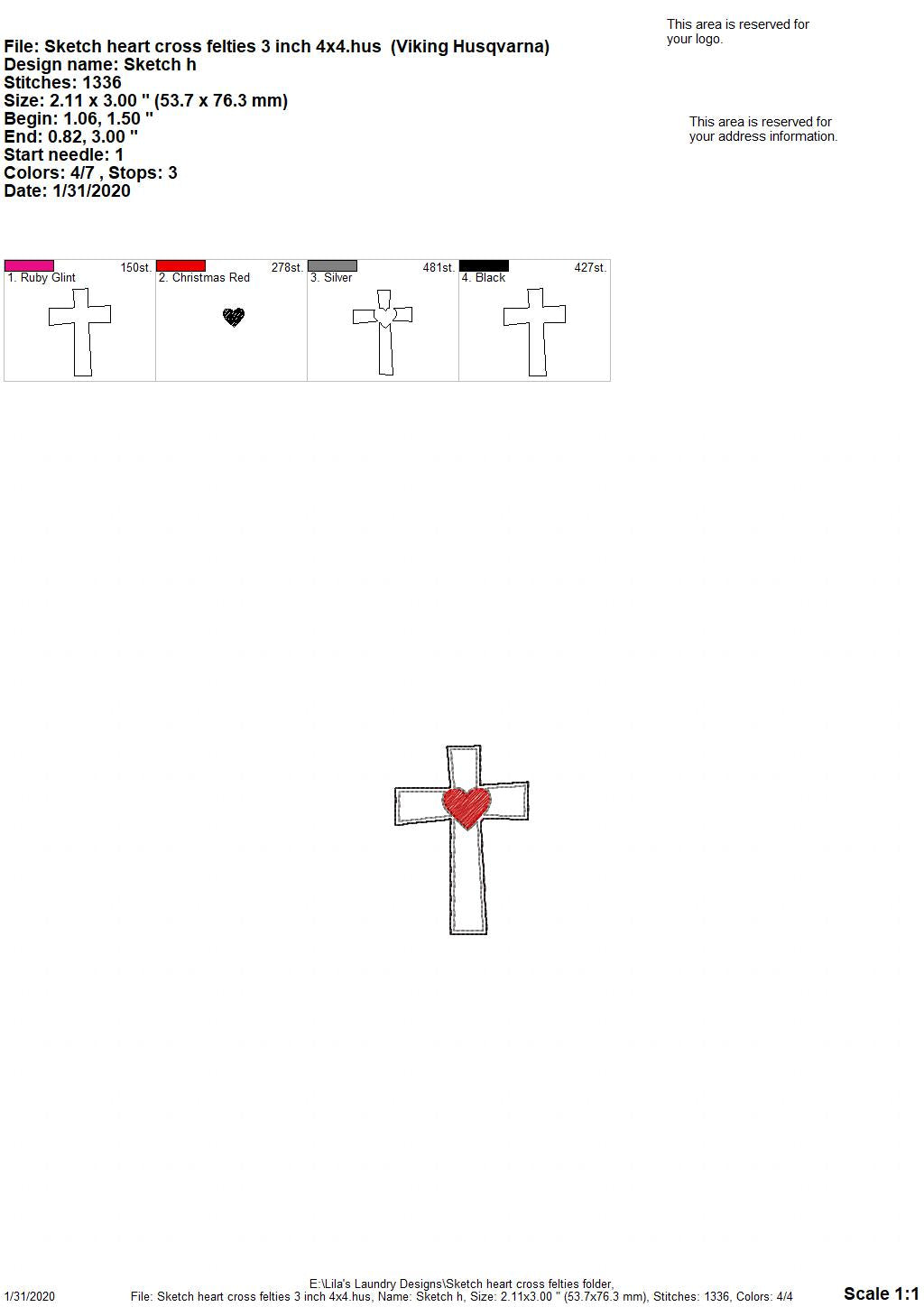 Sketch Cross Heart Felties - 5 sizes - Digital Embroidery Design