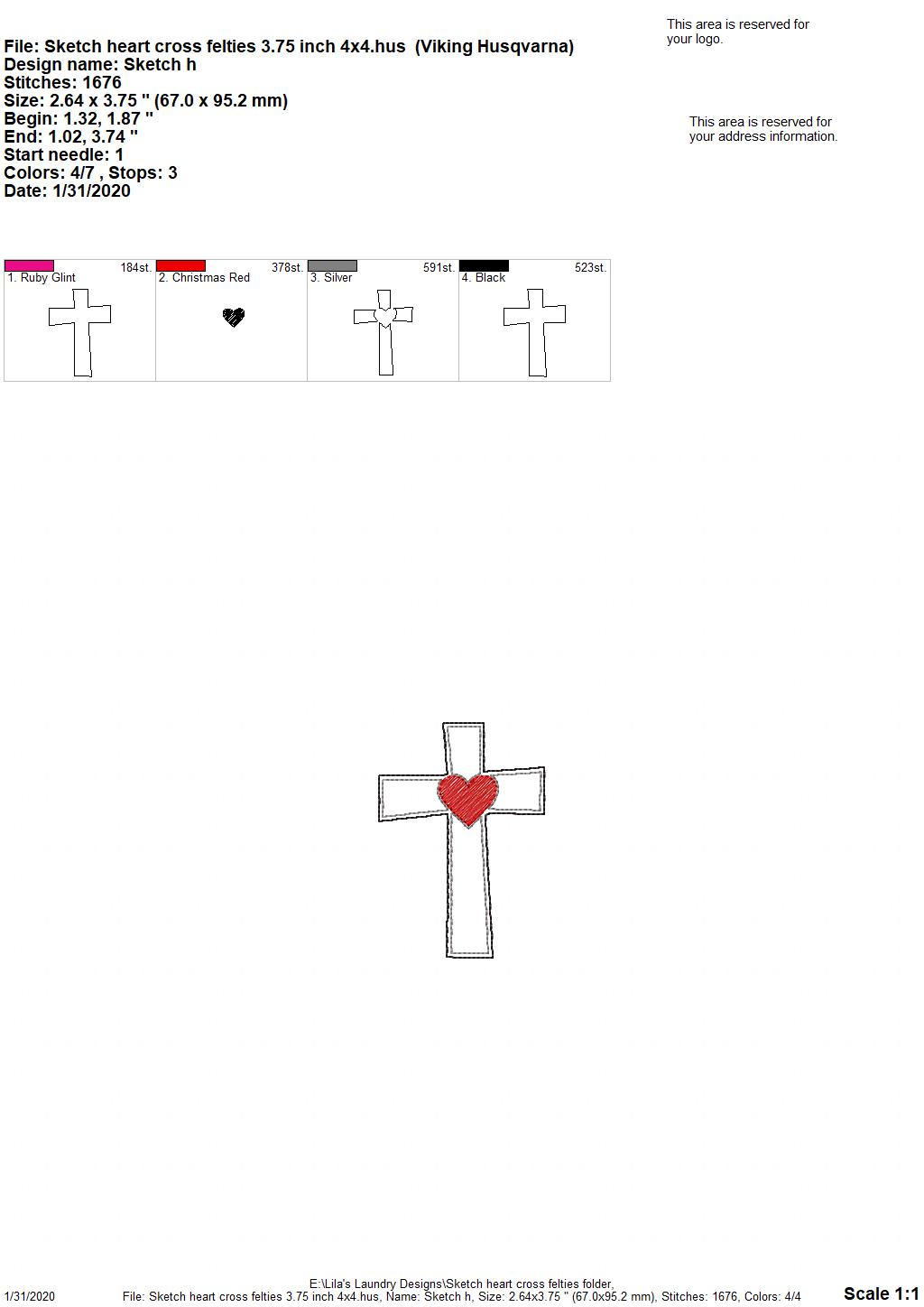 Sketch Cross Heart Felties - 5 sizes - Digital Embroidery Design
