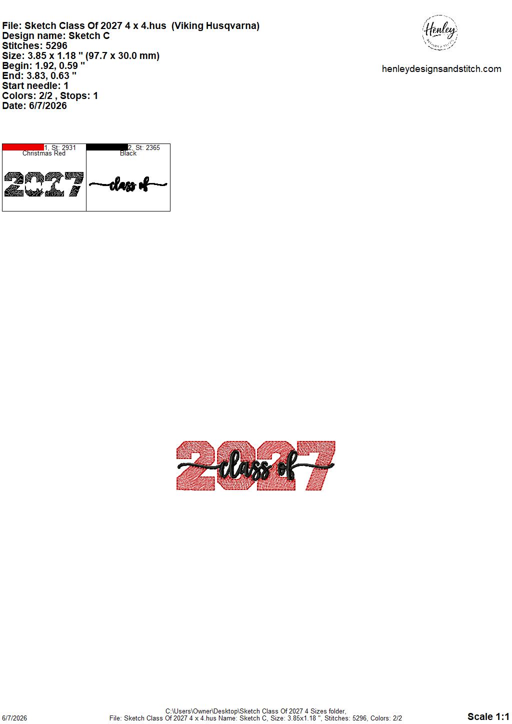 Sketch Class of 2027 - 4 x 4, 5 x 7, 6 x 10 and 8 x 12 - DIGITAL Embroidery Design