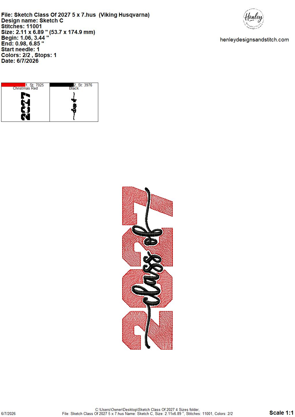 Sketch Class of 2027 - 4 x 4, 5 x 7, 6 x 10 and 8 x 12 - DIGITAL Embroidery Design