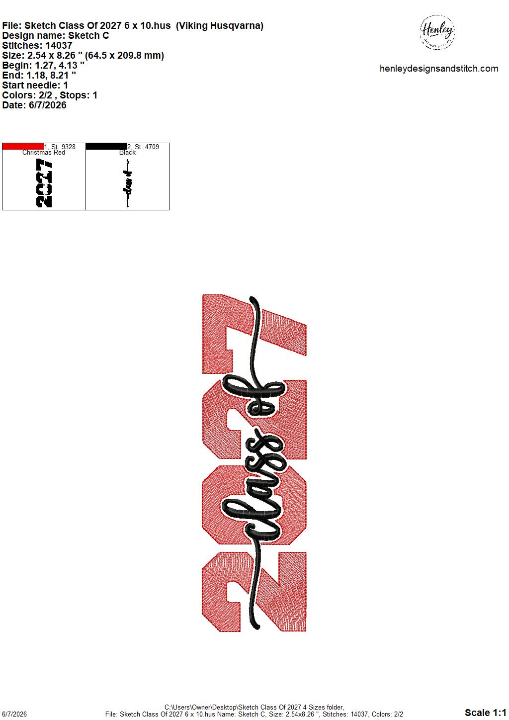 Sketch Class of 2027 - 4 x 4, 5 x 7, 6 x 10 and 8 x 12 - DIGITAL Embroidery Design