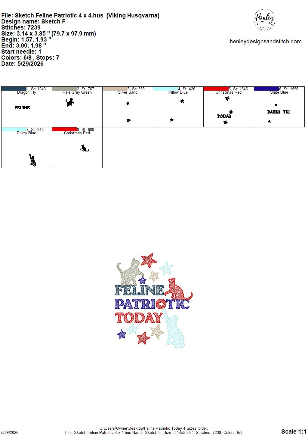 Sketch FELINE Patriotic Today - Cats - 4 x 4, 5 x 7, 6 x 10 and 8 x 12 - DIGITAL Embroidery Design