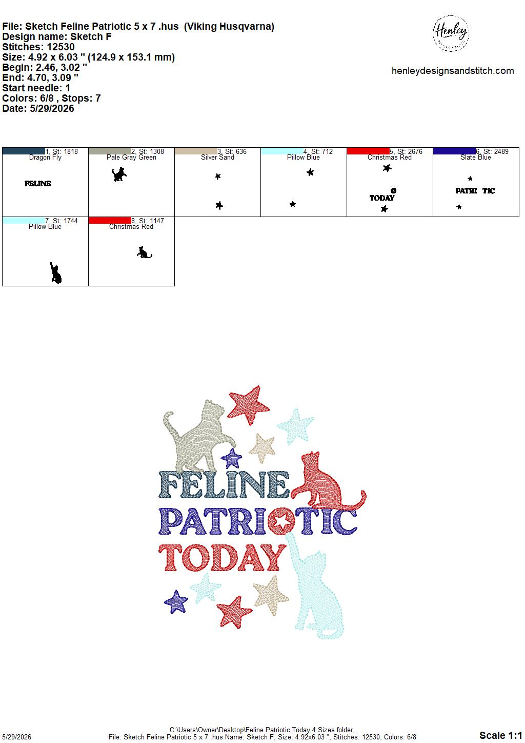 Sketch FELINE Patriotic Today - Cats - 4 x 4, 5 x 7, 6 x 10 and 8 x 12 - DIGITAL Embroidery Design