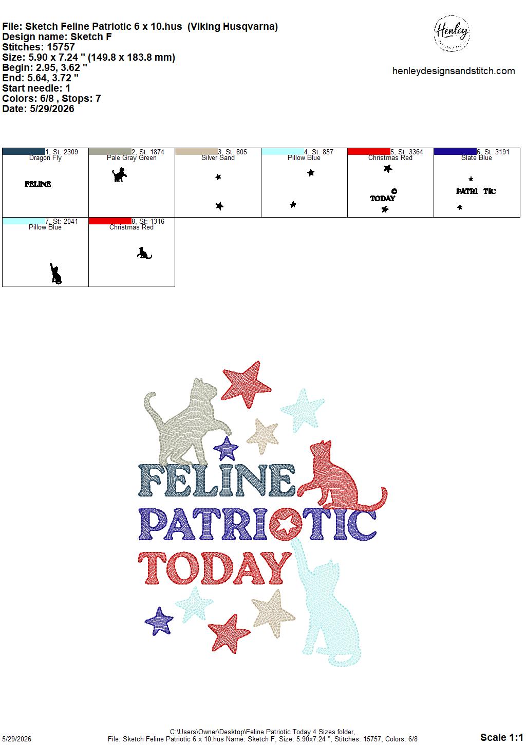 Sketch FELINE Patriotic Today - Cats - 4 x 4, 5 x 7, 6 x 10 and 8 x 12 - DIGITAL Embroidery Design