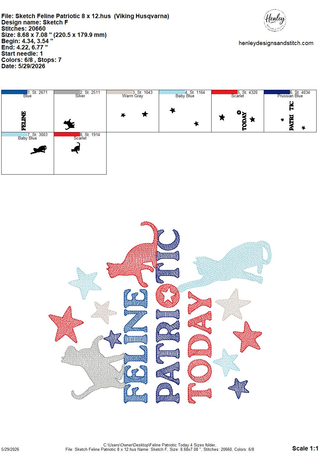 Sketch FELINE Patriotic Today - Cats - 4 x 4, 5 x 7, 6 x 10 and 8 x 12 - DIGITAL Embroidery Design