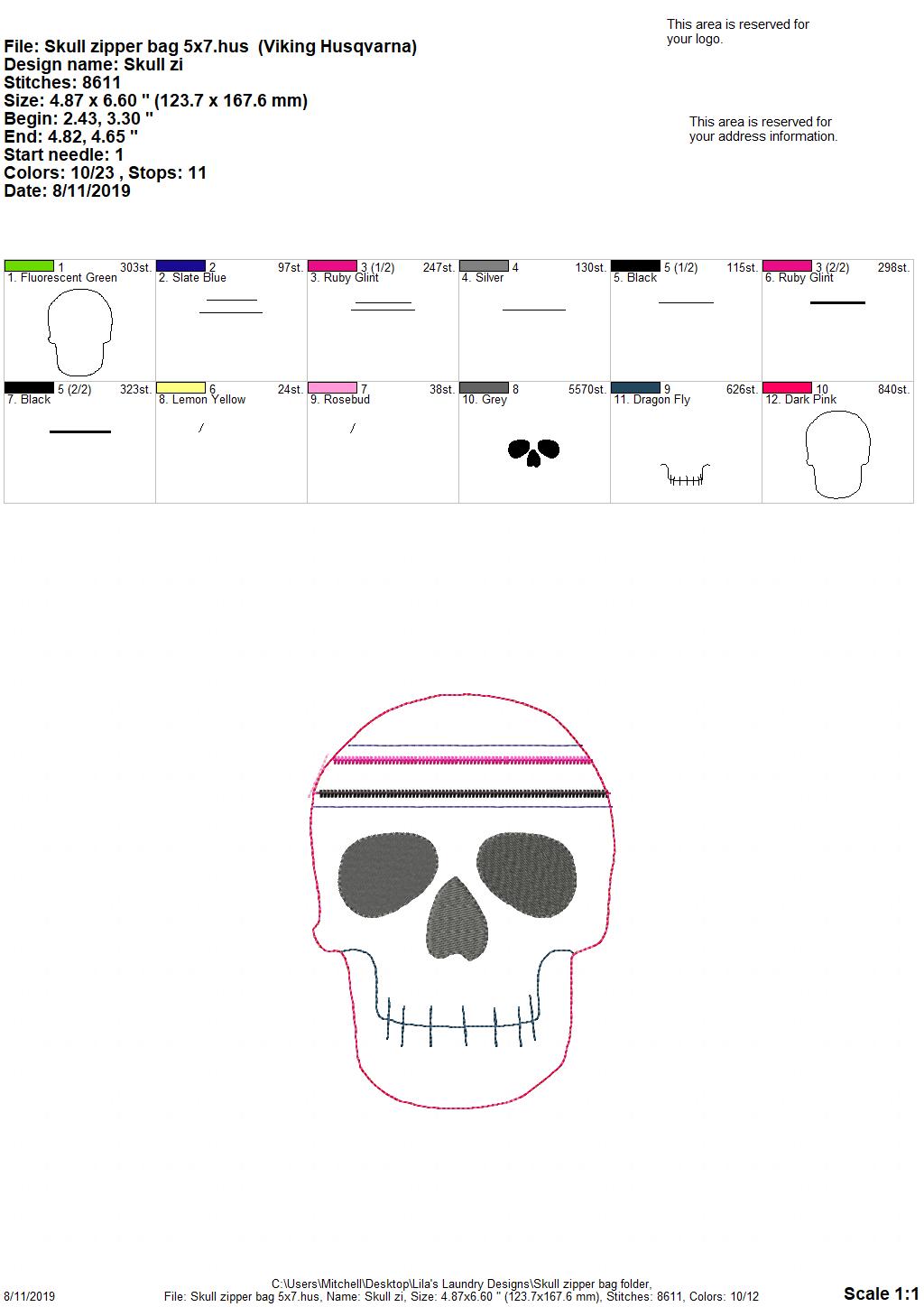 Skull Zipper Bag - 4 sizes - Digital Embroidery Design