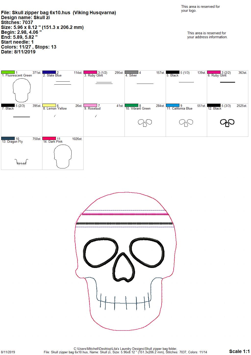 Skull Zipper Bag - 4 sizes - Digital Embroidery Design