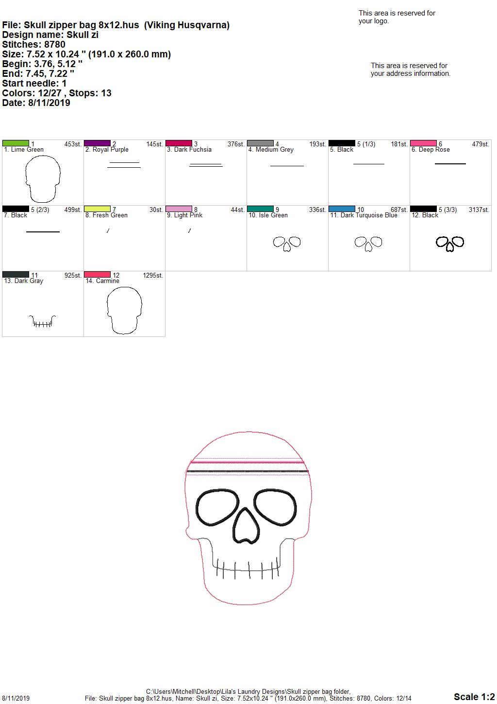 Skull Zipper Bag - 4 sizes - Digital Embroidery Design