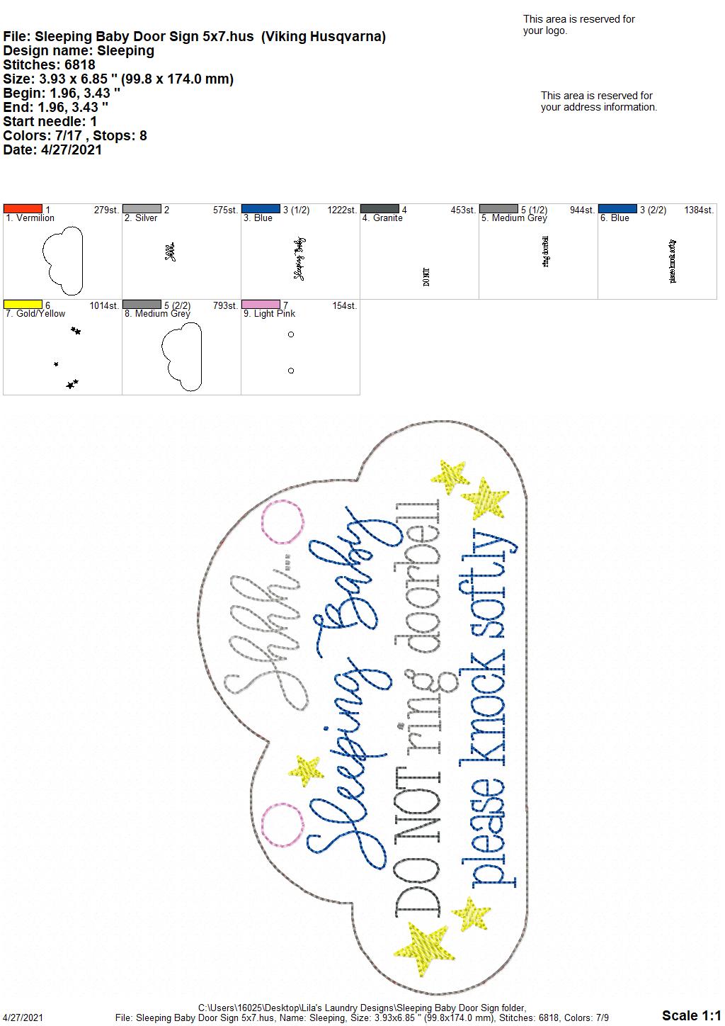 Sleeping Baby Door - 3 sizes - Digital Embroidery Design