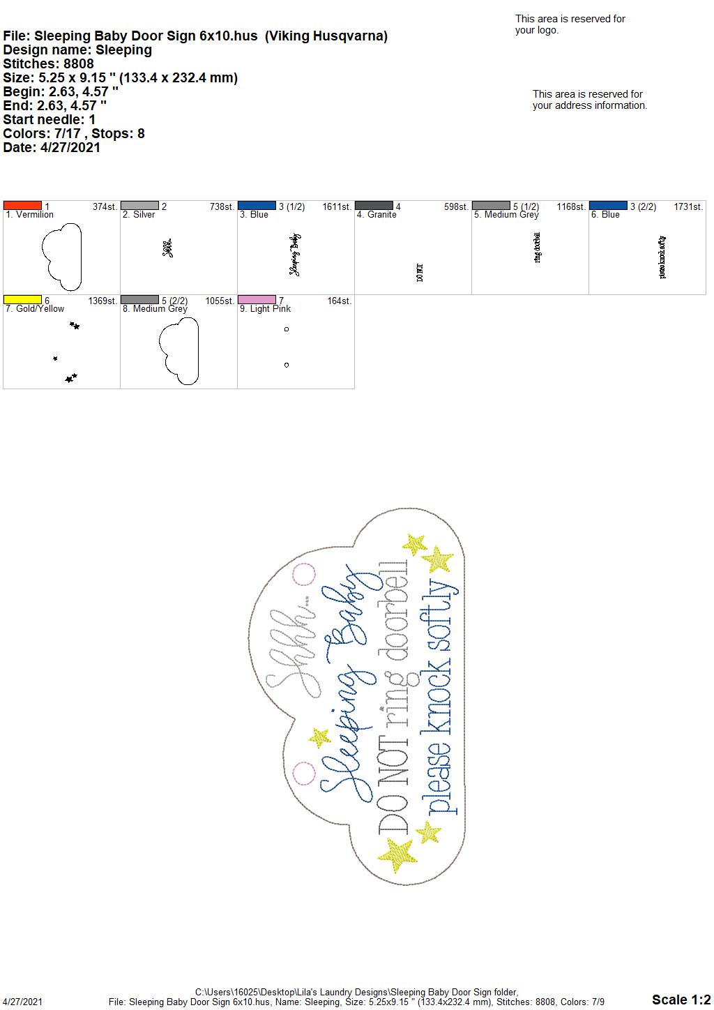Sleeping Baby Door - 3 sizes - Digital Embroidery Design