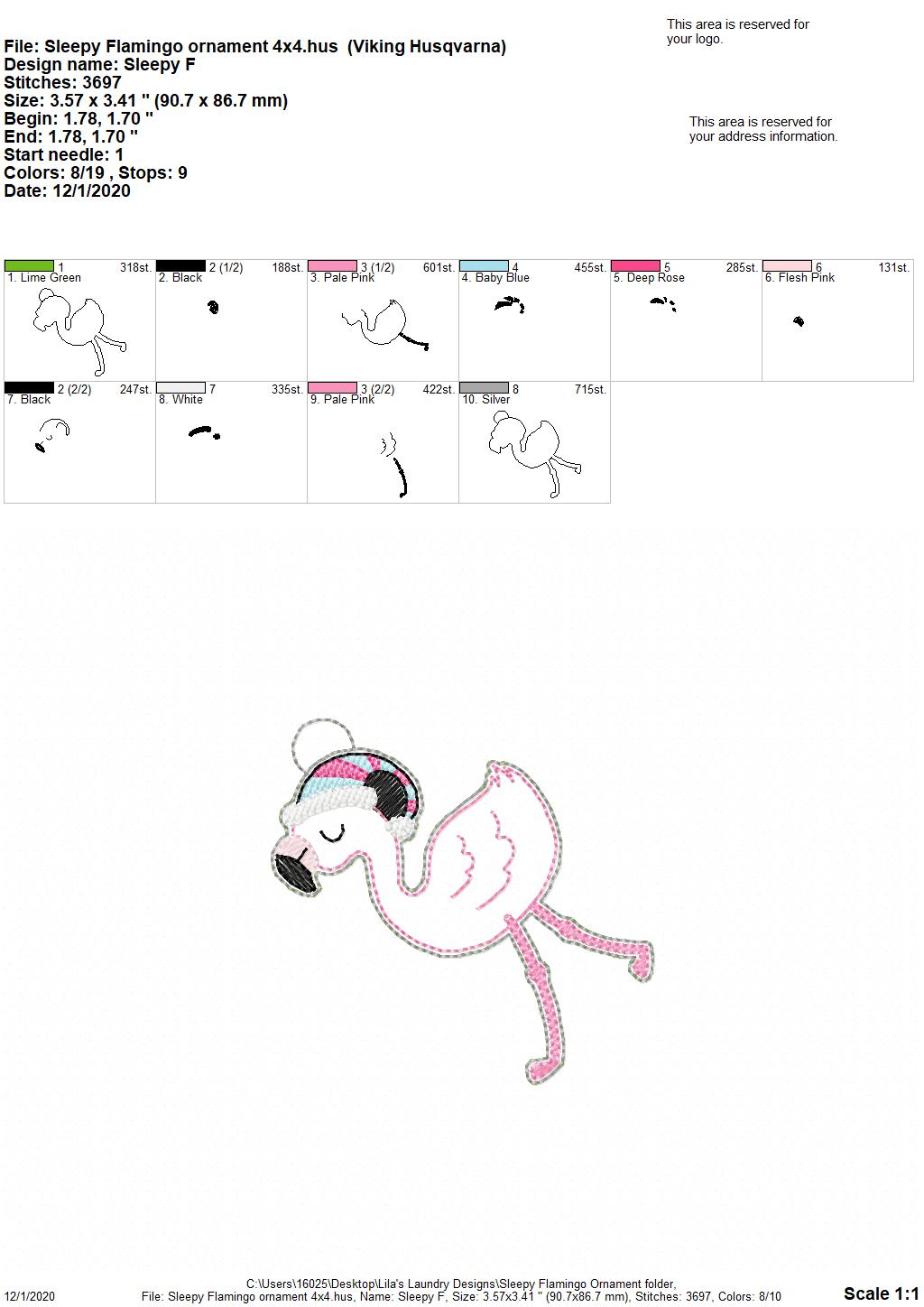 Sleepy Flamingo Ornament - Digital Embroidery Design