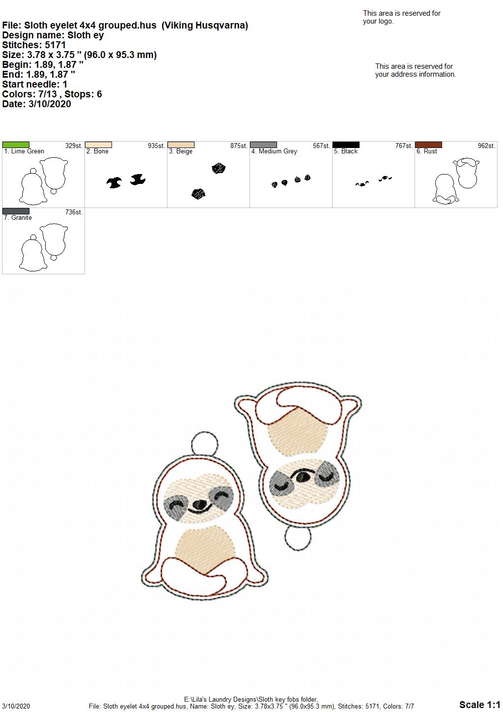 Sloth Fobs -  DIGITAL Embroidery DESIGN