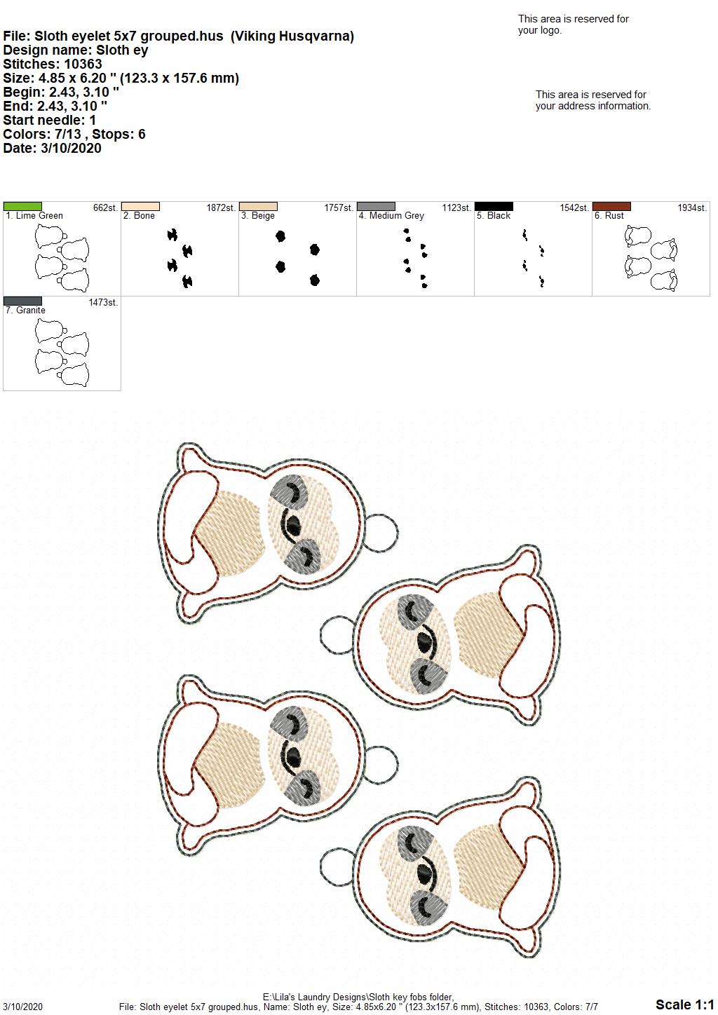 Sloth Fobs -  DIGITAL Embroidery DESIGN