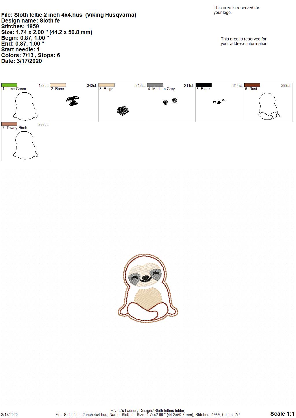 Sloth Felties - 3 sizes - 4x4 and 5x7 Grouped- Digital Embroidery Design
