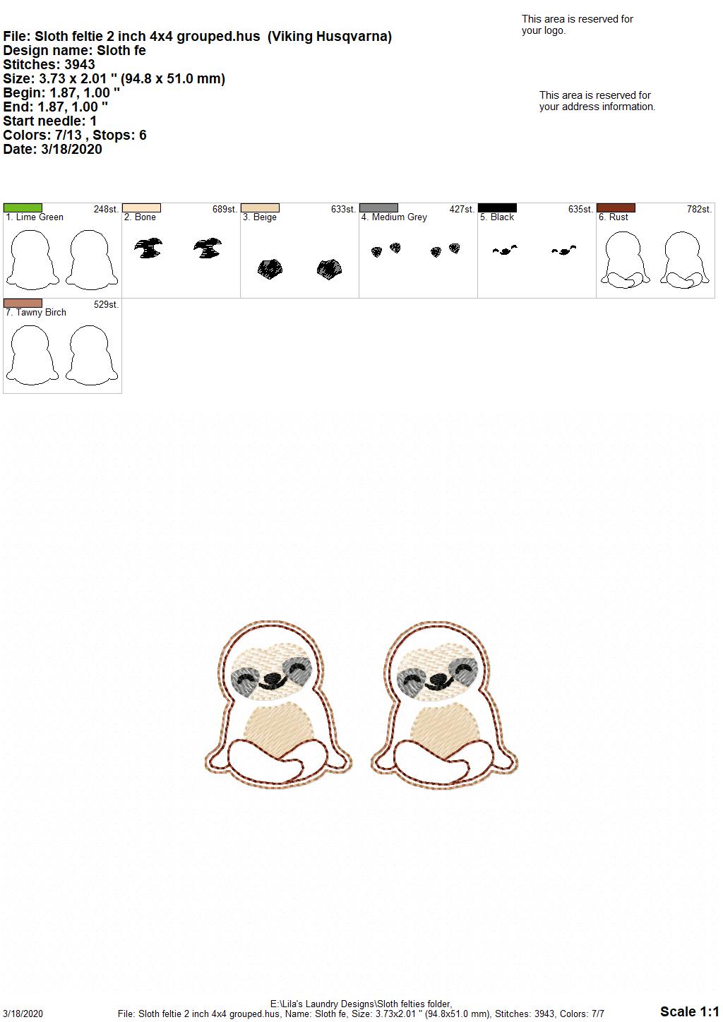 Sloth Felties - 3 sizes - 4x4 and 5x7 Grouped- Digital Embroidery Design