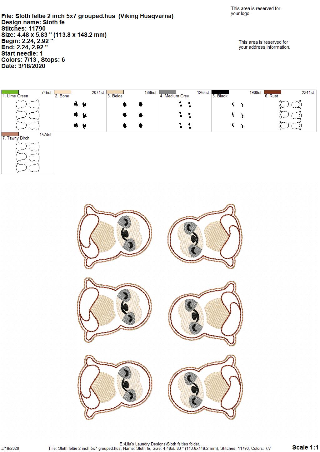 Sloth Felties - 3 sizes - 4x4 and 5x7 Grouped- Digital Embroidery Design