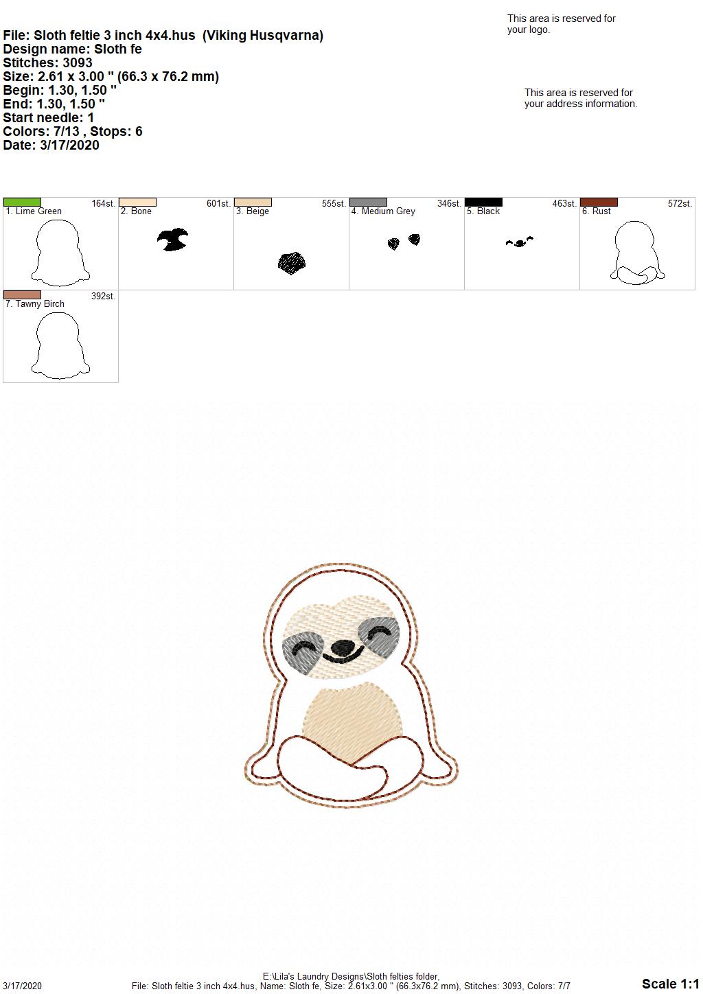 Sloth Felties - 3 sizes - 4x4 and 5x7 Grouped- Digital Embroidery Design