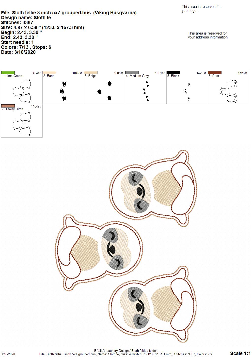 Sloth Felties - 3 sizes - 4x4 and 5x7 Grouped- Digital Embroidery Design
