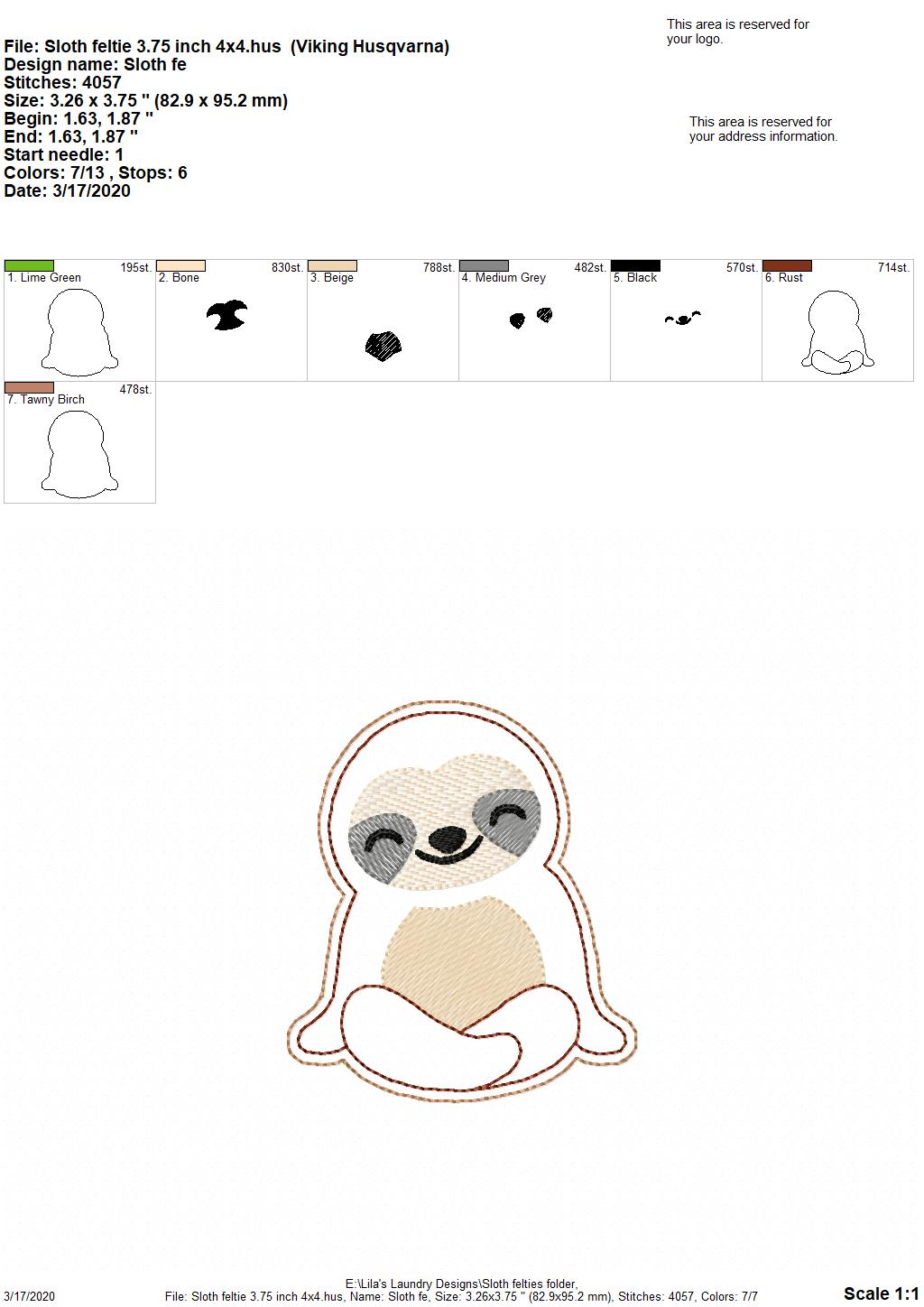 Sloth Felties - 3 sizes - 4x4 and 5x7 Grouped- Digital Embroidery Design
