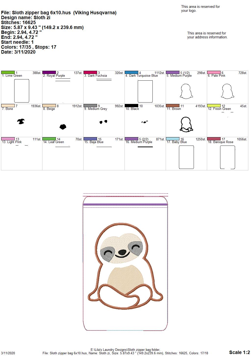 Sloth Zipper Bag - 3 sizes - Digital Embroidery Design