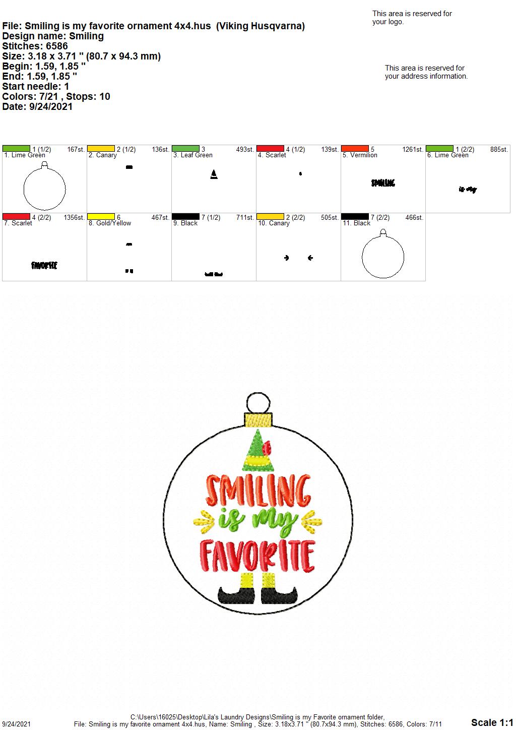 Smiling is my Favorite Ornament - Digital Embroidery Design