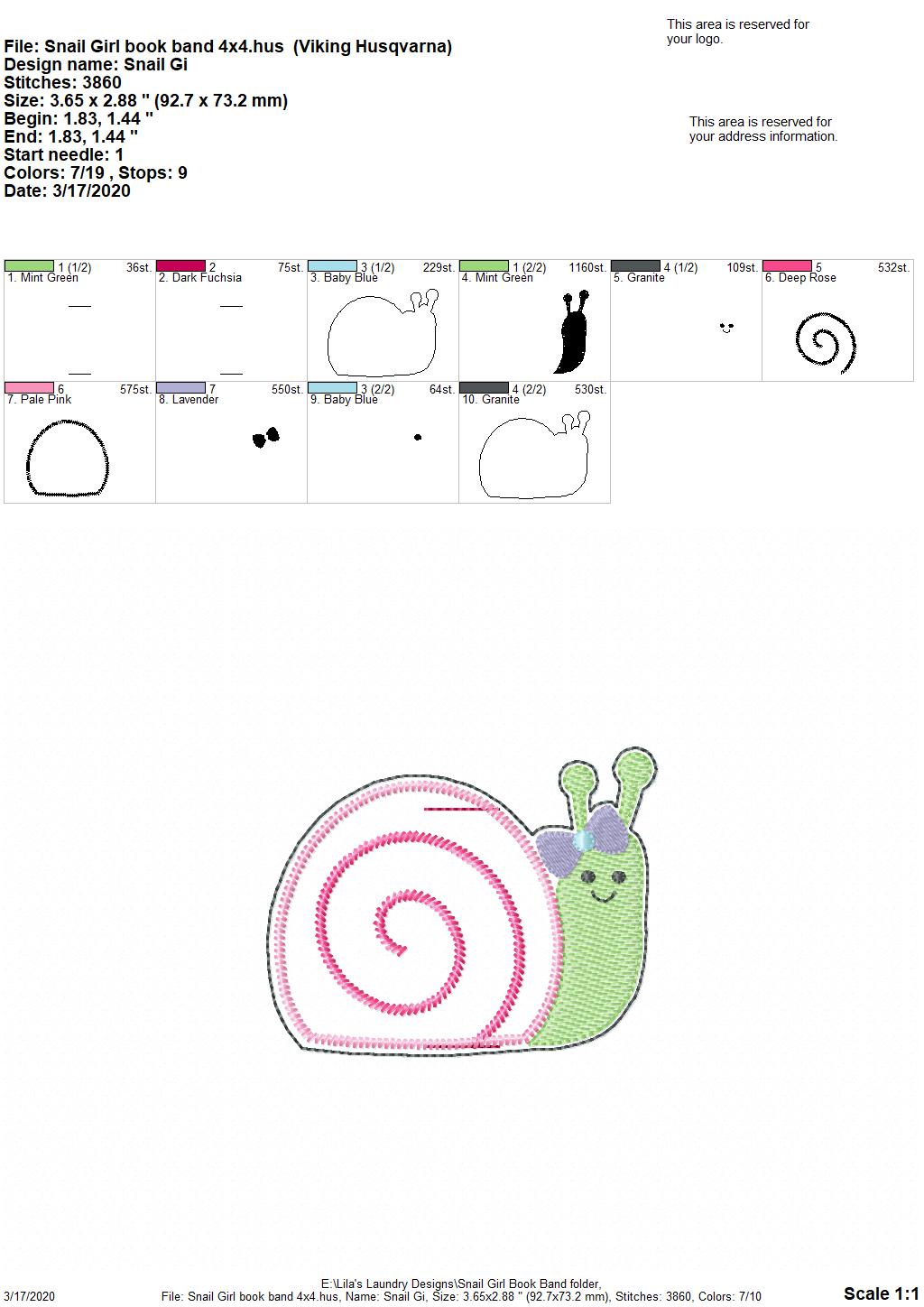 Snail Girl Book Band - Digital Embroidery Design