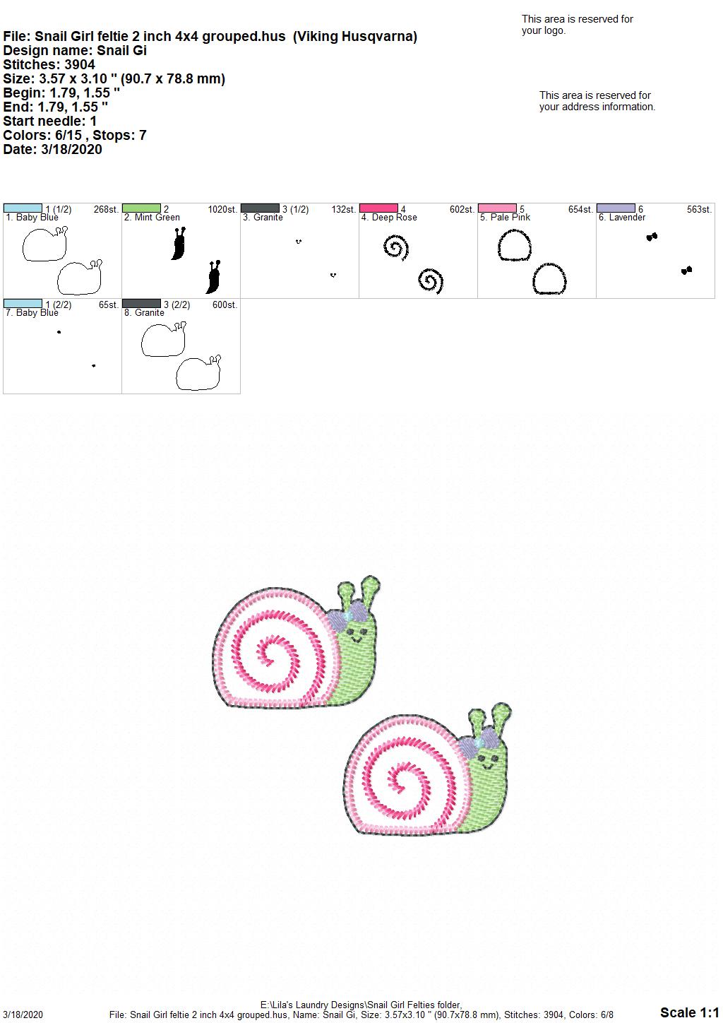 Snail Girl Felties - 3 sizes - Digital Embroidery Design
