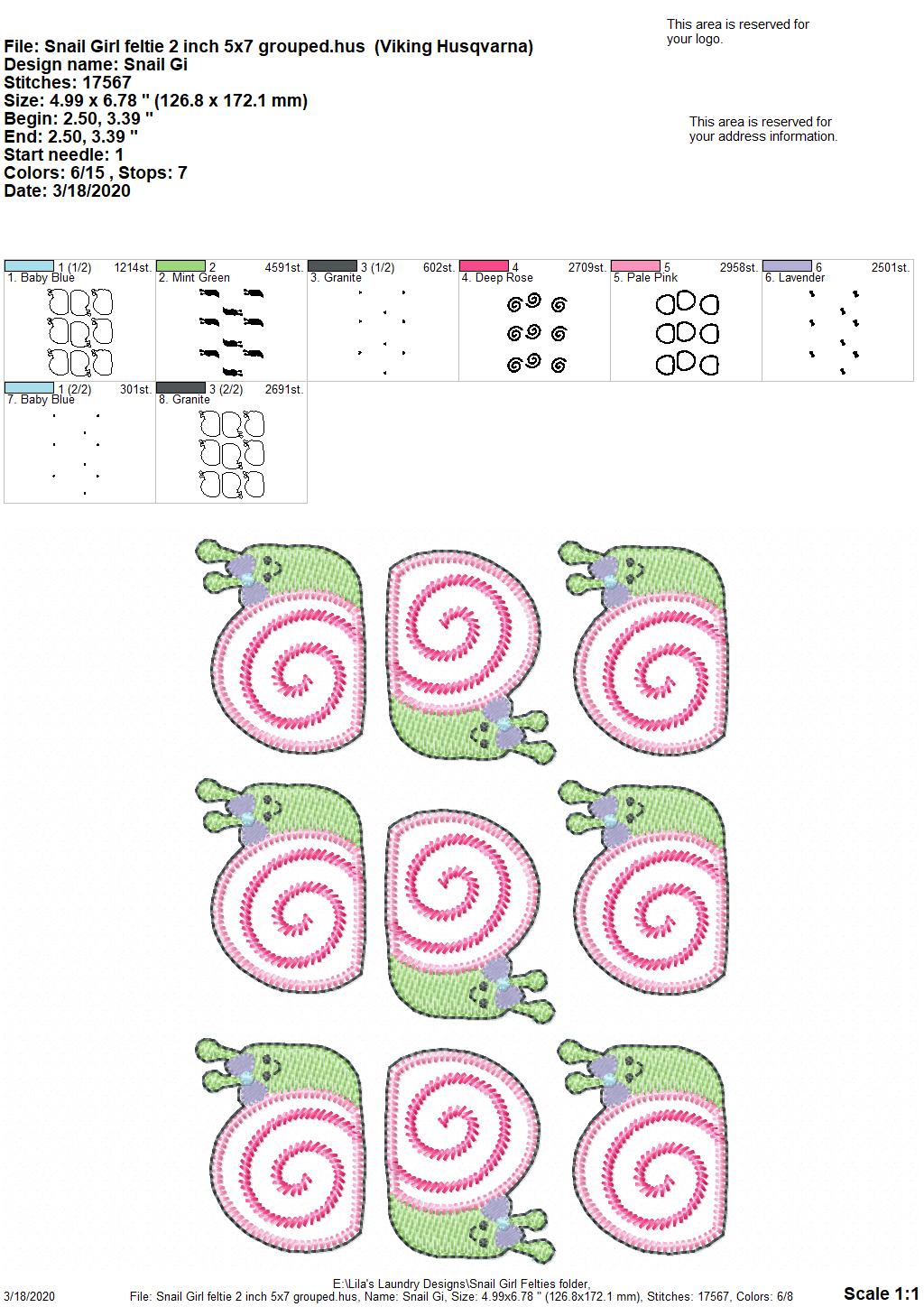 Snail Girl Felties - 3 sizes - Digital Embroidery Design