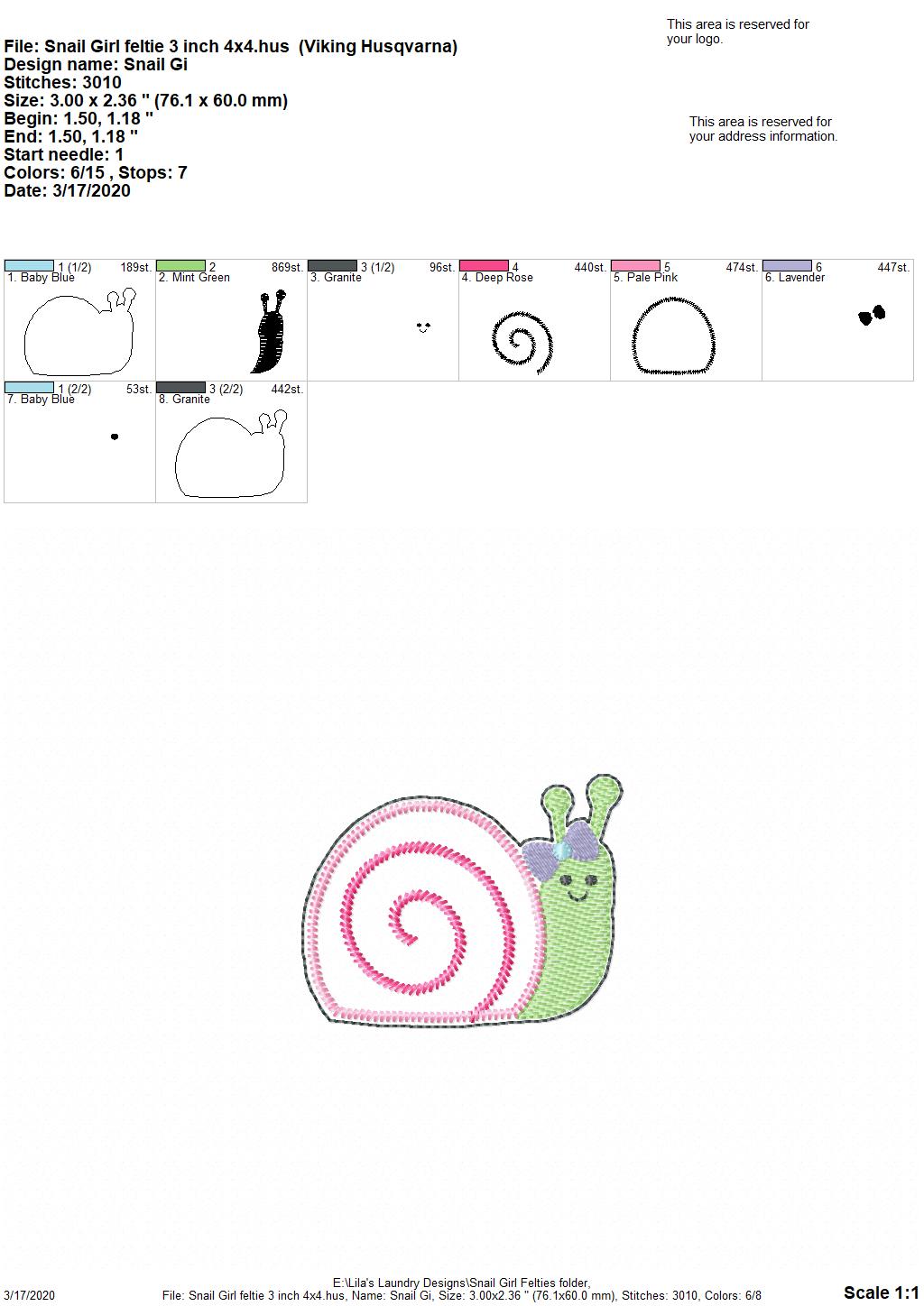 Snail Girl Felties - 3 sizes - Digital Embroidery Design