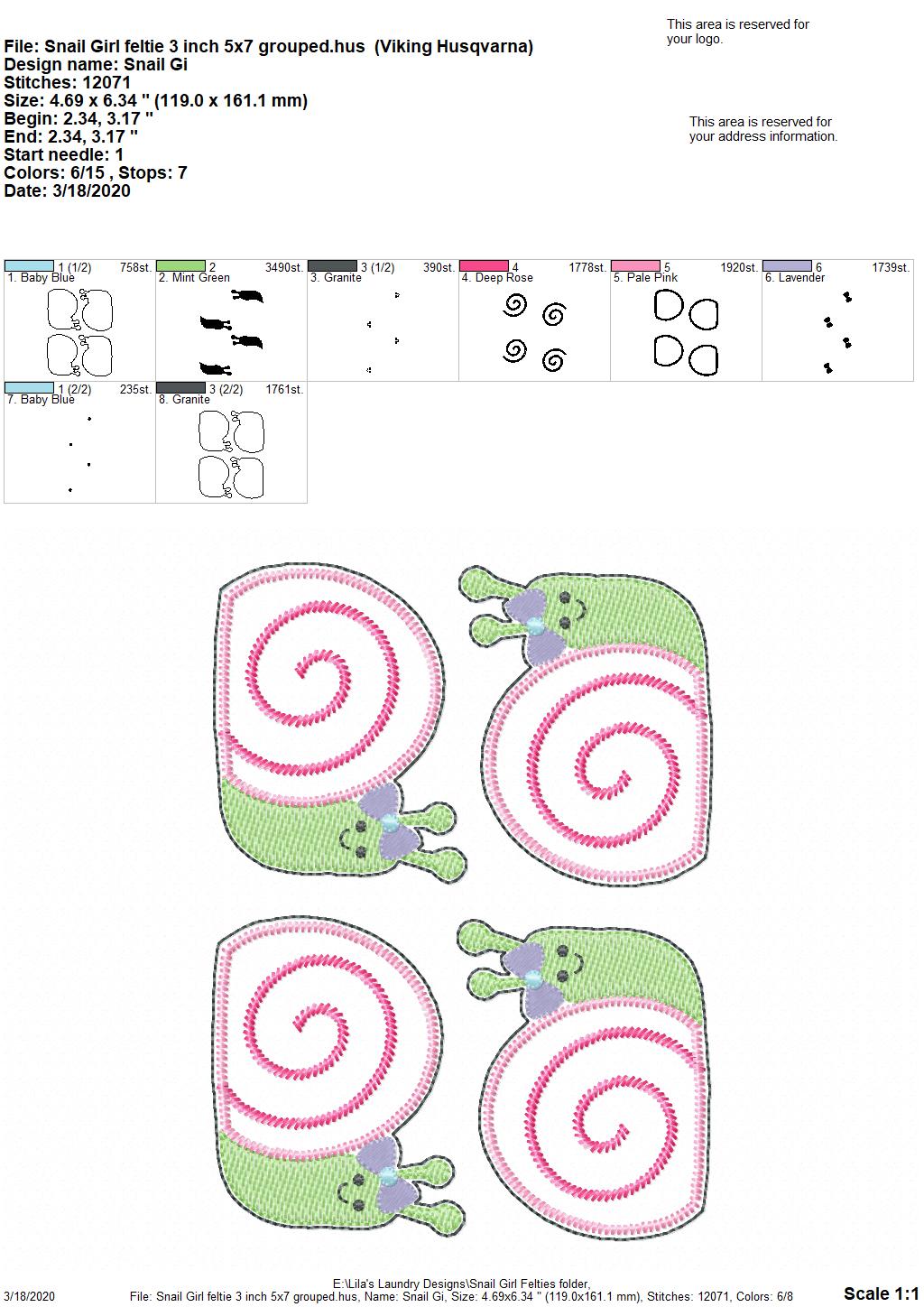 Snail Girl Felties - 3 sizes - Digital Embroidery Design